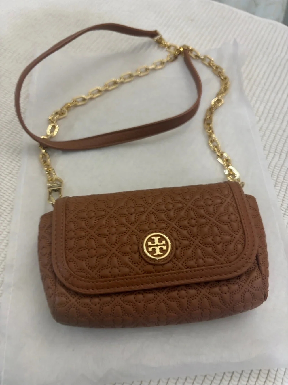 Tory Burch Brown Quilted Leather Crossbody with Gold Chain